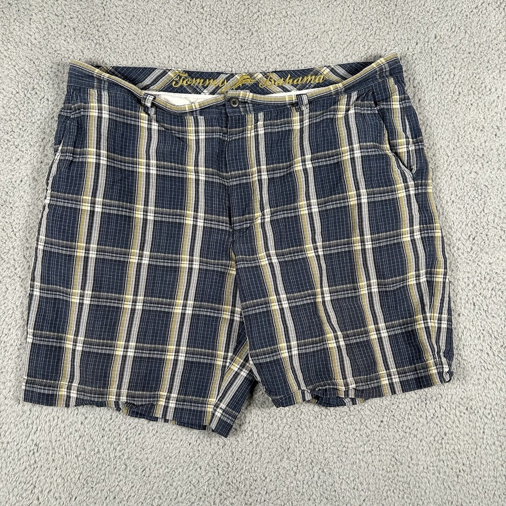 Tommy Bahama Mens Shorts 42 Blue Yellow Plaid Linen Silk‎ Blend Casual Beach